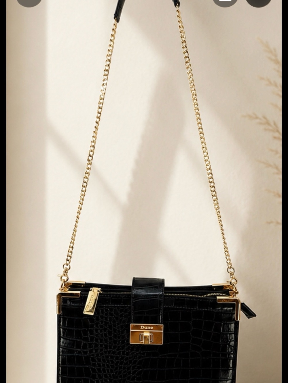 Dune London Black Croc-Embossed Crossbody with Gold Chain